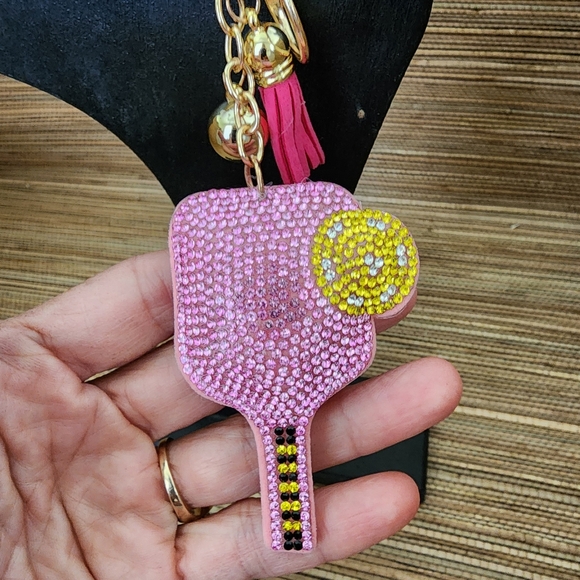 Pickleball Paddle & Ball Bling Keychain Tassel Rhinestone Accessories Gift -Pink - Picture 3 of 6